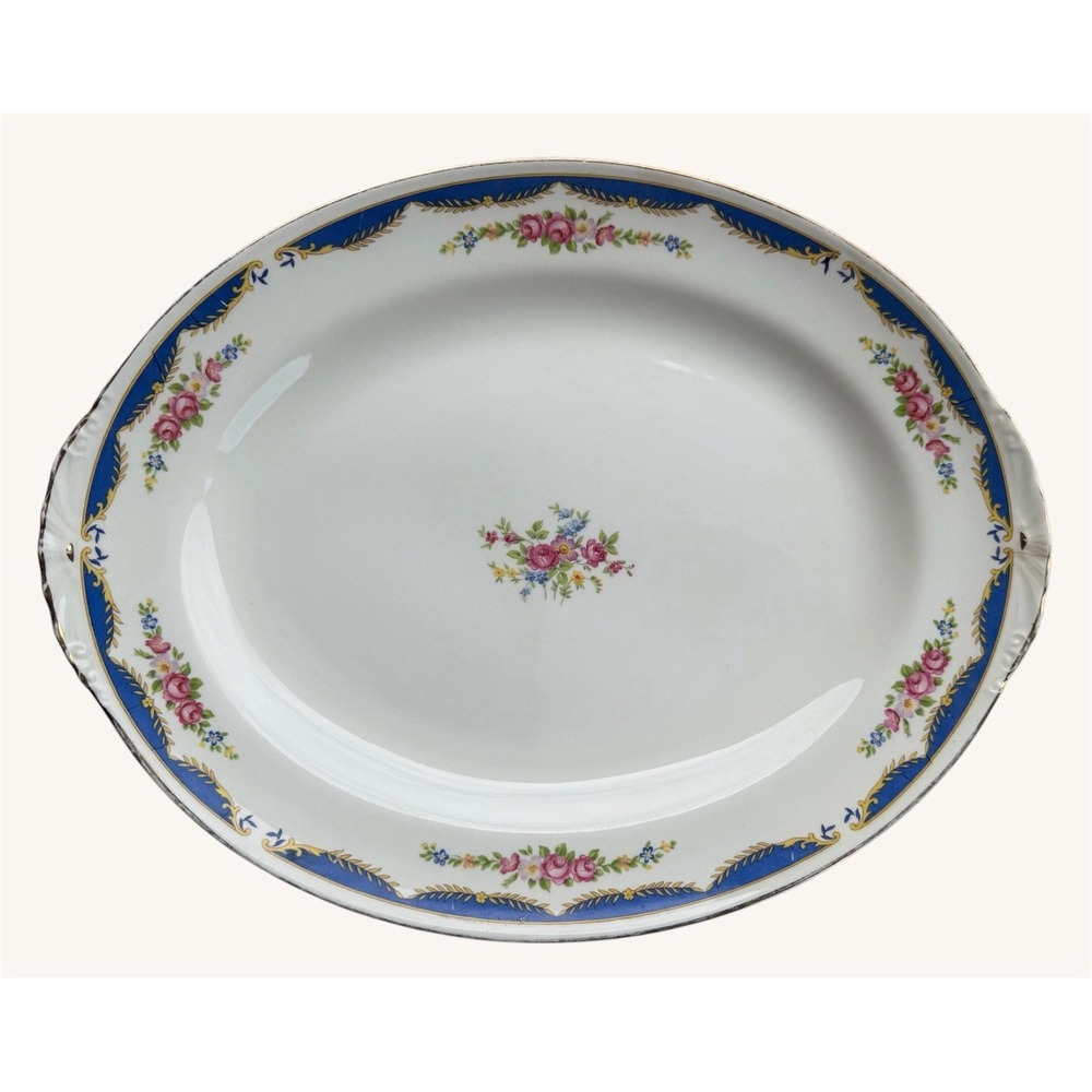 Vintage Homer Laughlin Eggshell Nautilus Oval Platter 13.5" Blue Floral 1944